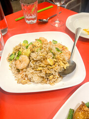 Prawn fried rice on white plate