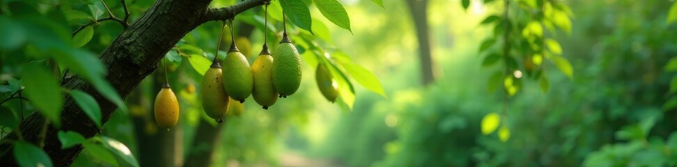 Obraz premium Pods hanging from branches of Gum Arabic tree in a lush green forest, wild, plants