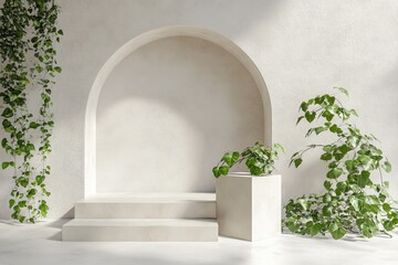 Minimalist 3D scene featuring geometric cube plants and an arc podium in soft pastel colors, ideal for product displays