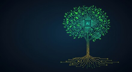 Digital artwork depicting a tree with circuitry and AI elements, symbolizing technology and nature - robot brain