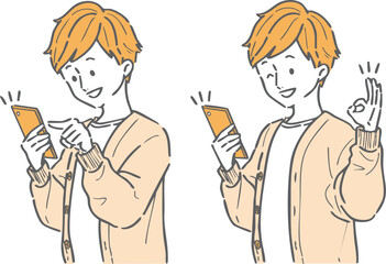 スマホを操作して笑顔の男性　上半身　ベクター