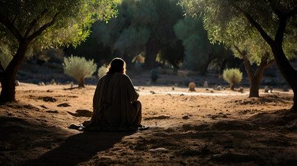 Silhouette of Jesus praying in the garden of Gethsemane.
