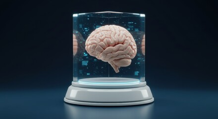 Realistic 3D model of a human brain displayed in a glass case with digital elements in the background - robot brain
