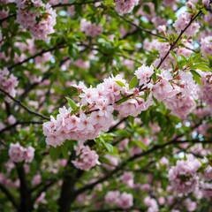 Naklejka premium Pink cherry blossoms against a backdrop of lush green leaves, blossom, trees