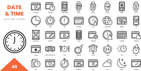 date and time outline icon collection. Vector illustration