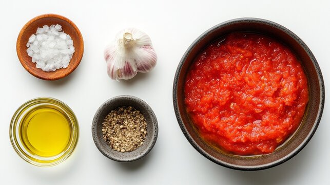 Bright red crushed tomatoes sit in a dark bowl surrounded by salt, oil, garlic, and pepper, showcasing fresh ingredients ready for a flavorful dish in a cozy kitchen atmosphere