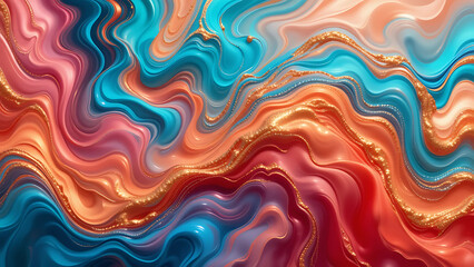 Fototapeta premium Abstract fluid waves in blue, orange, and red with golden glitter details