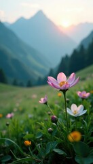 Obraz premium misty morning in the mountains with dew drops clinging to grass and flowers, dew, flower, morning