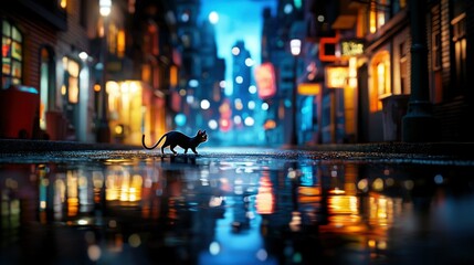   A cat figurine stands on a wet street in the heart of the city, illuminated by reflected city lights