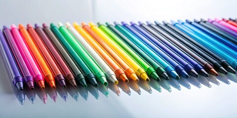 Fototapeta premium Bird's-Eye View of Colorful Marker Pens with Glass Reflection on Solid Background - Copy Space