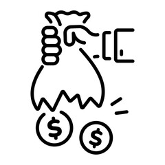 A line style icon of a ripped bag showing money loss 