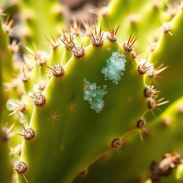 Hojas verdes y espuma azul en el tronco del cactus, nature, fleshy