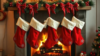Hanging Christmas stockings in front of a crackling fireplace with holiday decorations, Bows, Fireplaces, Colorful