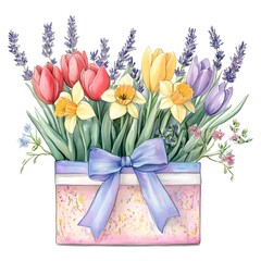 Obraz premium Vibrant Floral Bouquet with Tulips Daffodils and Lavender in Decorative Vase