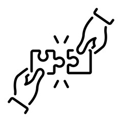 A linear style icon of two hands combining a puzzle depicting a solution 