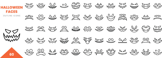 scary halloween faces outline icon collection. Vector illustration