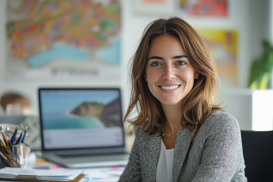 Retrato de una mujer sonriendo de unos 30 a&ntilde;os mirando a c&aacute;mara, sentada en una oficina de una agencia de viajes, con fondo desenfocado de mapas y ordenador con destinos de viaje