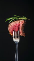 A juicy, grilled steak bite skewered on a fork, glistening with natural juices and garnished with rosemary, with a seared crust and tender pink interior against a moody background. Generative AI