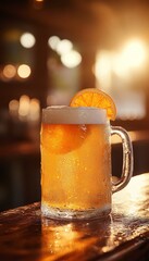 hefeweizen beer with an orange slice in a frosty cold mug