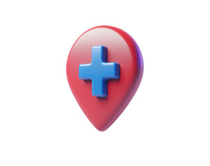 Obraz premium A red location pin with a blue medical cross symbol, representing health services or first aid.