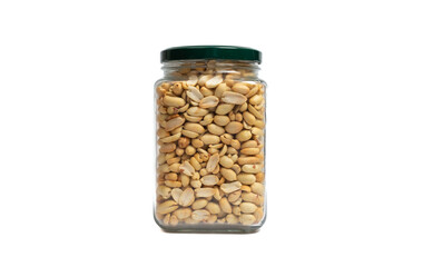 Glass jar with green lid filled with peanuts on isolated white background. Close up of snack peanut filled jar. Nutrition, storage, health and vegetarian concept. Copy space