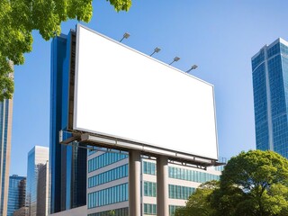 A large white billboard stands against a clear blue sky, surrounded by tall buildings and lush green trees.