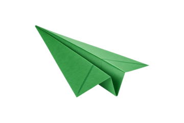 A perfectly folded origami-style paper airplane in vibrant green, sharply creased, appearing ready to glide through the air with aerodynamic precision, isolated on a transparent background