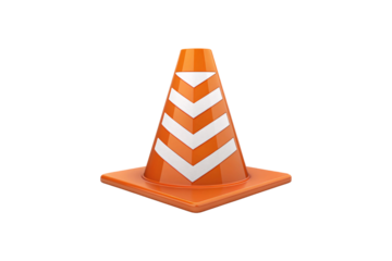 A realistic orange traffic cone with chevron white markings stands on a flat surface, its smooth, glossy surface reflecting light in a lifelike 3D rendering, isolated on a transparent background