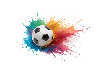 A soccer ball hovers over an abstract explosion of multicolored paint splashes, with droplets scattered in all directions, symbolizing movement and creativity, isolated on a transparent background