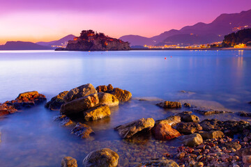 famous coast Sveti Stefan near Budva city, wonderful night view, Montenegro, Europe, discover yourself beautiful place