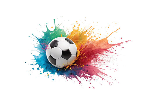 Fototapeta A soccer ball hovers over an abstract explosion of multicolored paint splashes, with droplets scattered in all directions, symbolizing movement and creativity, isolated on a transparent background