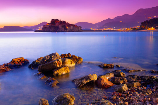 famous coast Sveti Stefan near Budva city, wonderful night view, Montenegro, Europe, discover yourself beautiful place