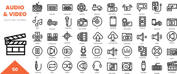 audio and video outline icon collection. Vector illustration