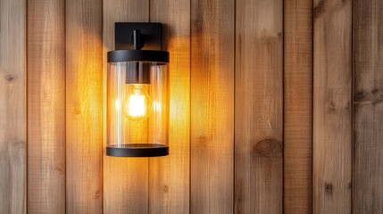 A frosted glass wall light emitting golden light on a wooden wall.