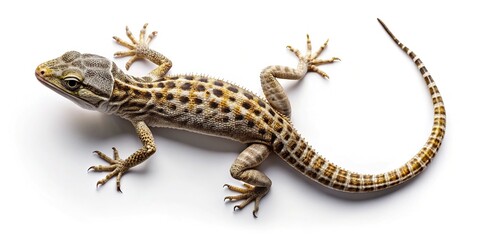 Naklejka premium Dynamic Reptile Pose: Flat Lay Stock Photo, Clean White Background