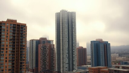 Fototapeta premium Foggy Denver apartment buildings under overcast sky, skyscraper, apartment complex