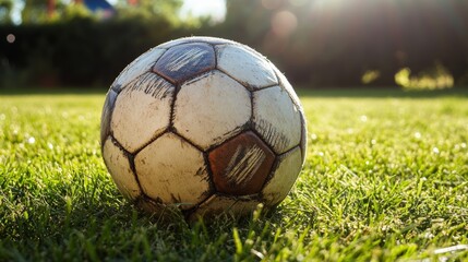 Worn soccer ball on grass sunlight 