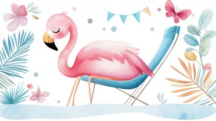Fototapeta premium Pink Flamingo Relaxing in Blue Chair Watercolor Illustration