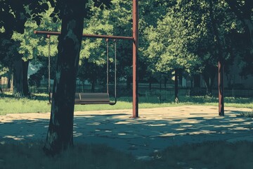 Vintage-inspired park scene featuring a classic children's swing, evoking nostalgia and simplicity
