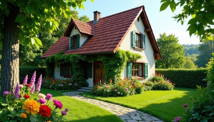 Der Hausteil eines alten Hauses ist mit Sonnenblumen und anderen Blumen ?bers?t, sonnenblume, blumen