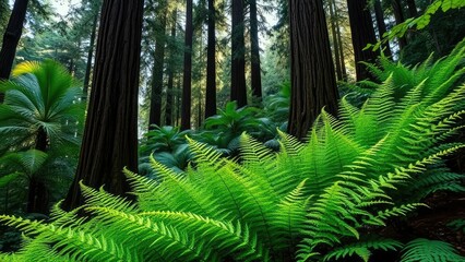 Dense fern growth in a redwood forest, shaded by giant trees, greenery, forest ecology