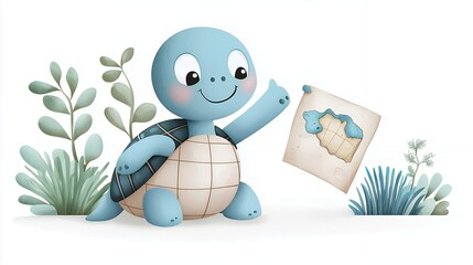 Adorable Blue Turtle Showing a Drawing in a Pastel Green and White Setting