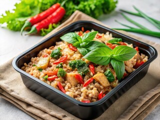 Fiery basil fried rice, chicken & black box flair: authentic Thai taste.