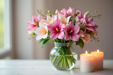 Fototapeta premium Delicate floral arrangement featuring fleur de lis flowers in a vase, scented candles, floristry