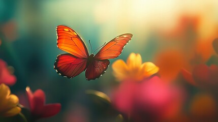   A zoomed-in image of a butterfly soaring in the sky, surrounded by vivid blossoms in the foreground, while its surroundings are slightly out of focus