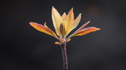 Obraz premium Golden leaves unfurling: nature's resilience on a single stem 