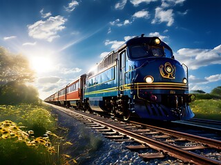 Obraz premium Blue Train Speeding Through Summer Fields