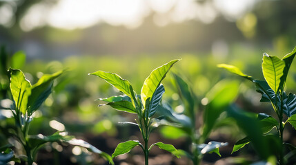 Obraz premium Vibrant Coffee Bean Seedlings Aligned in Rows Under Natural Sunlight: Agricultural Growth and Organic Plantation Cultivation Scene