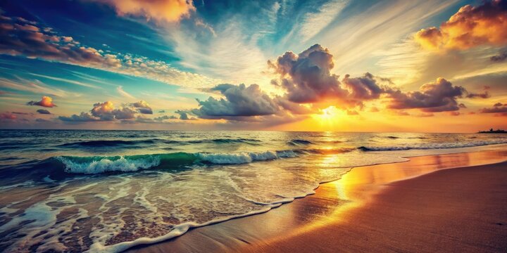 Golden hour paints the tranquil ocean, a vintage sunset seascape.