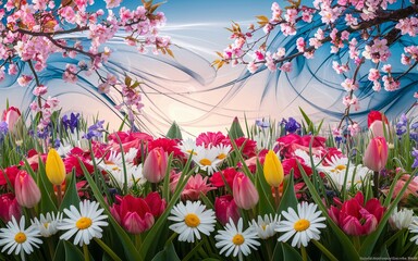 Spring Equinox,Floral Awakening, Spring flowers field, ethereal, sunrise